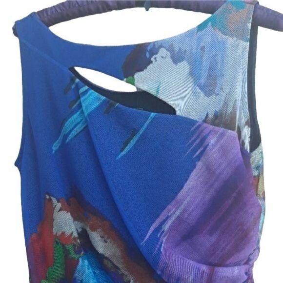 Vtg 90's Dress Bodycon Artsy Sleeveless Cutout Ruched Watercolor Blue Sz L - Picture 6 of 8